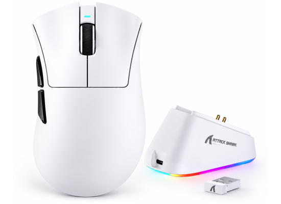 ATTACK SHARK V3 PRO Tri-Mode Wireless Gaming Mouse White with RGB Charging Dock